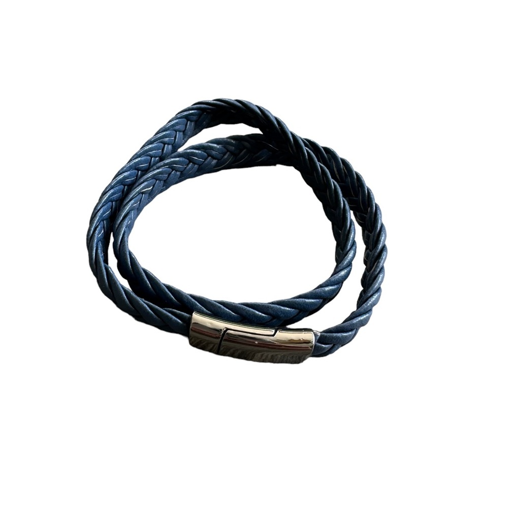 Navy Blue Double Wrap Braided Leather Bracelet Unisex Style